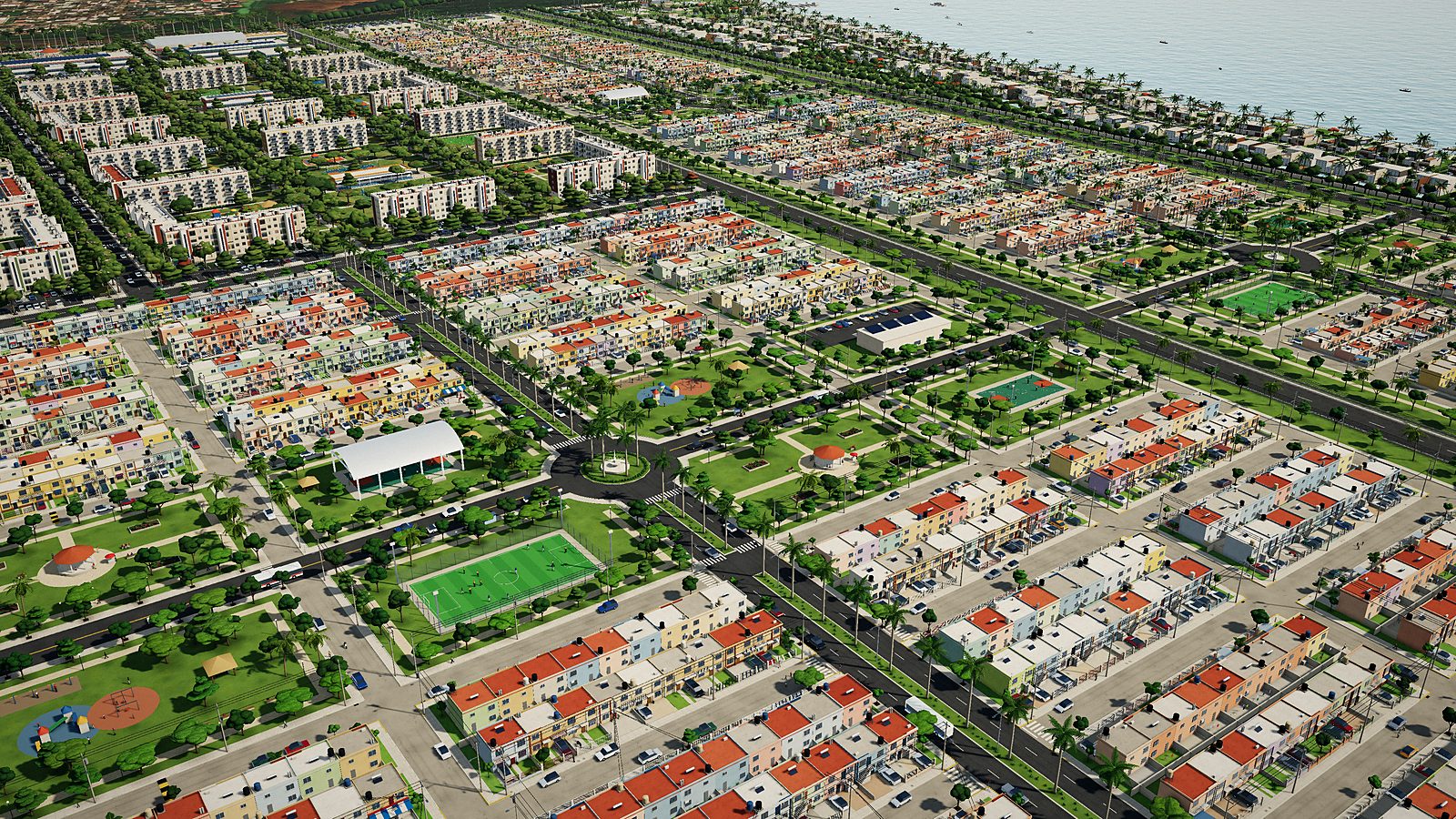 Render conceptual de vivienda Infonavit con parques y calles arboladas